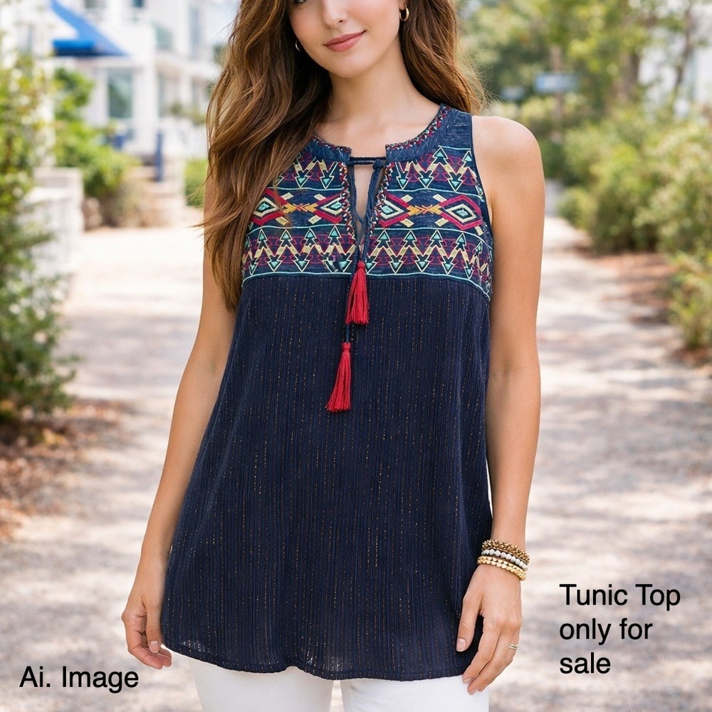 THML Navy Blue Embroidered Tassel Tunic Top Gold Stripe Boho Festival Women Lg.
